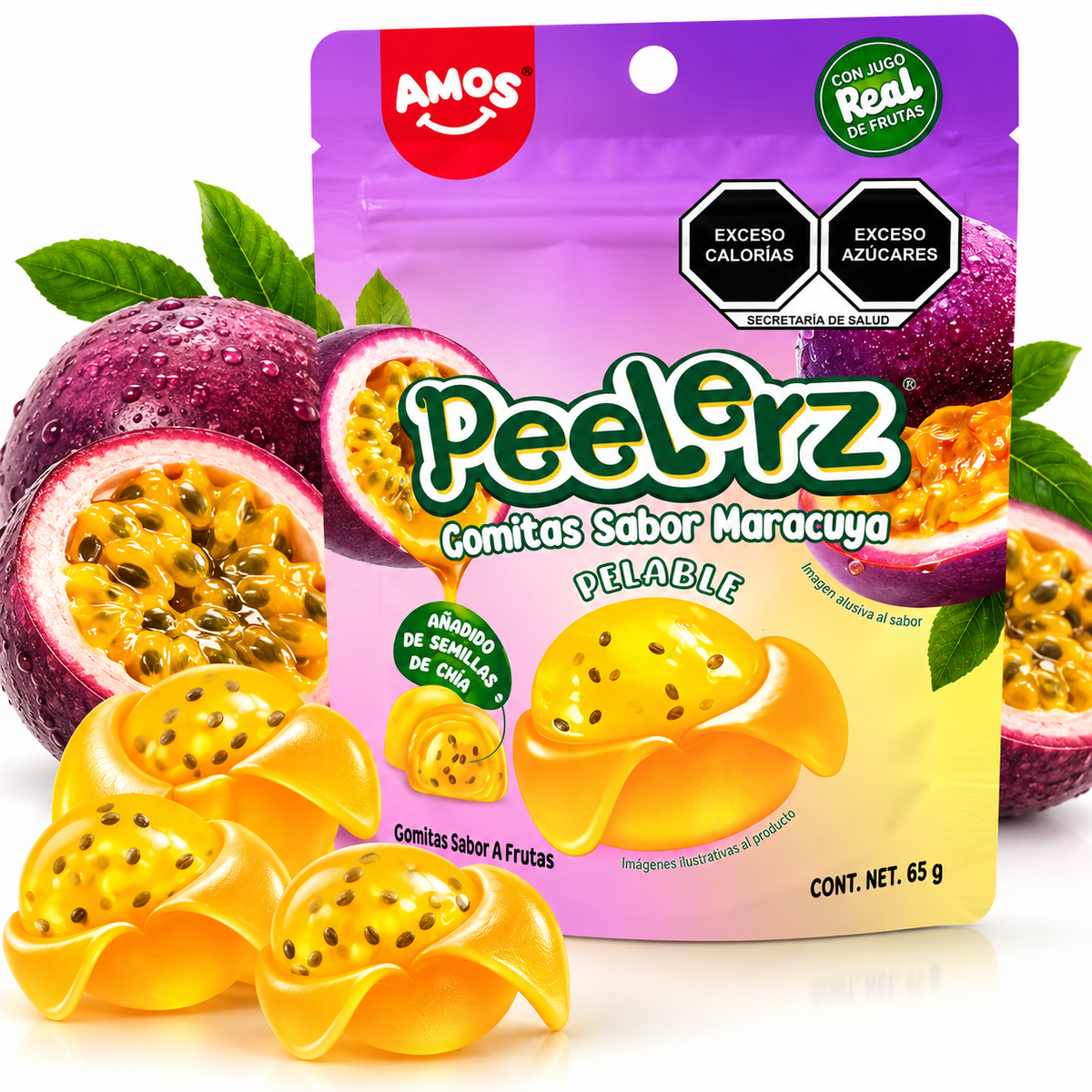 Gomitas Peelerz de Maracuyá AMOS 65 g – Gomitas Pelables con Semillas de Chía
